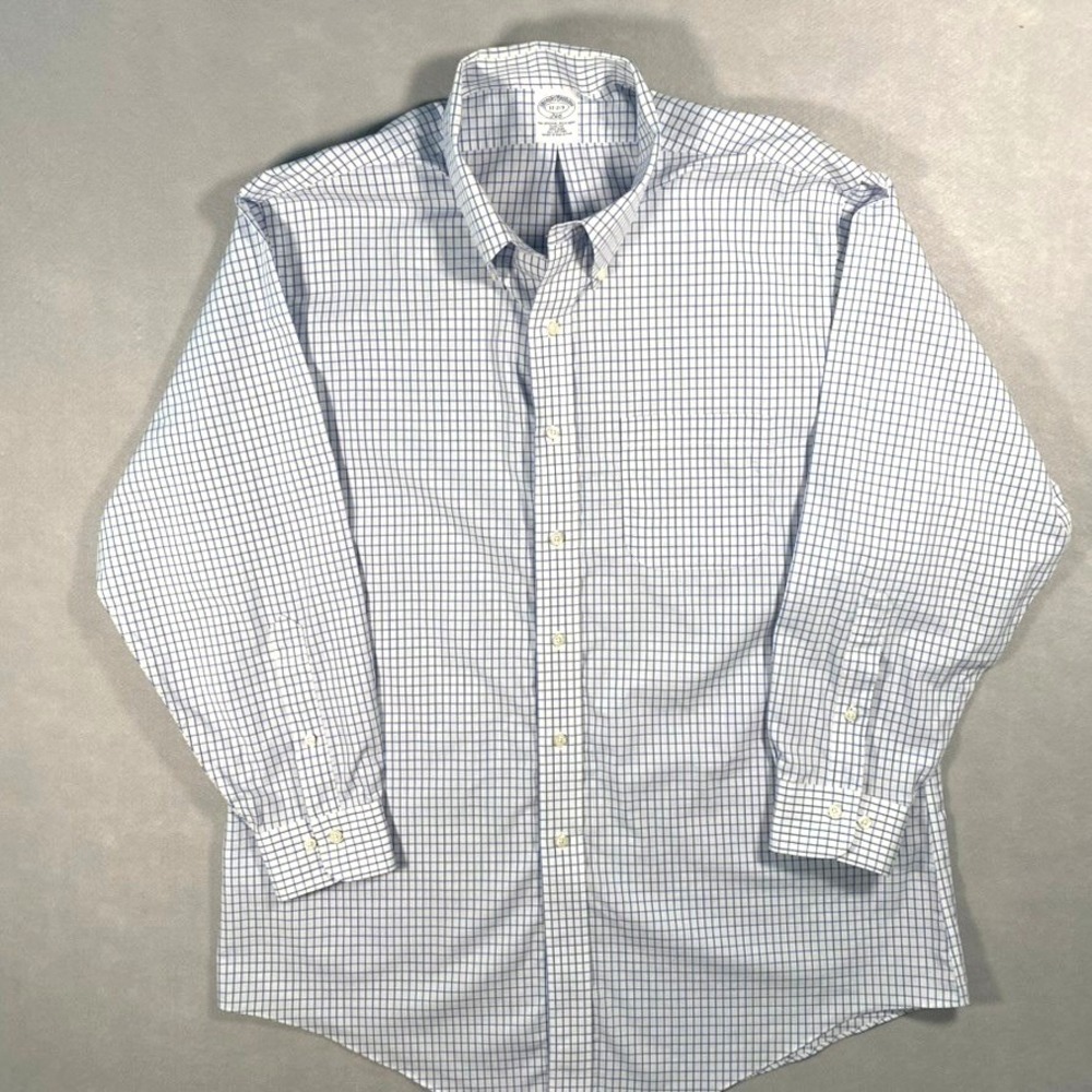 Brooks Brothers 346 Mens 17 32/33 Slim Fit Non-Iron Blue Tattersall Check Shirt